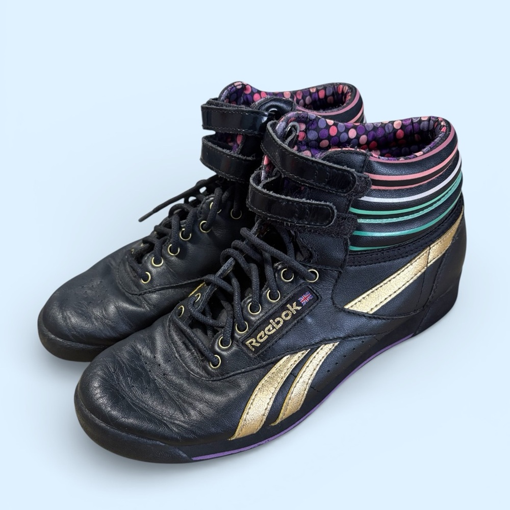 Reebok Vintage Black and Gold High-Tops with Colorful Stripes